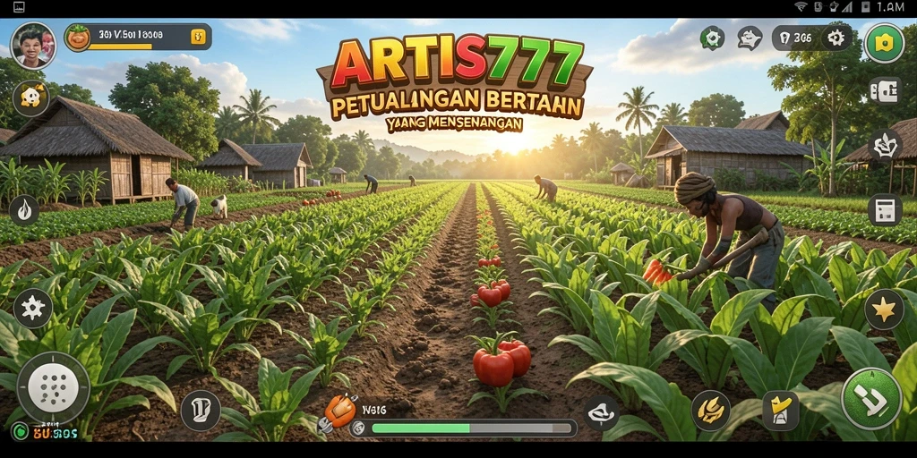 Tampilan gameplay ARTIS777 menampilkan ladang yang subur dan interaksi dengan hewan ternak.