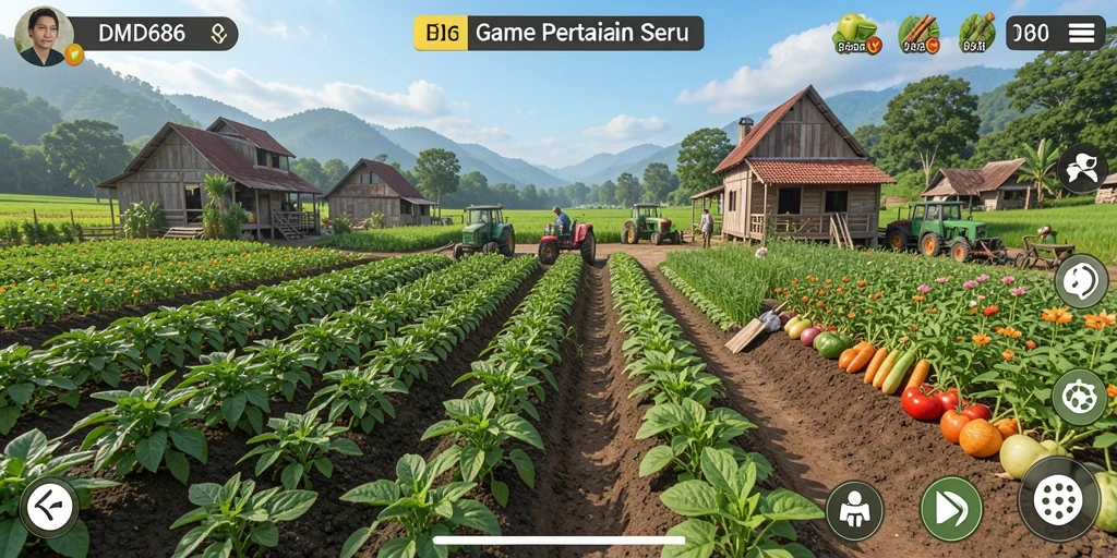 Screenshot gameplay DMD686 menampilkan pertanian yang subur dan aktivitas merawat tanaman.