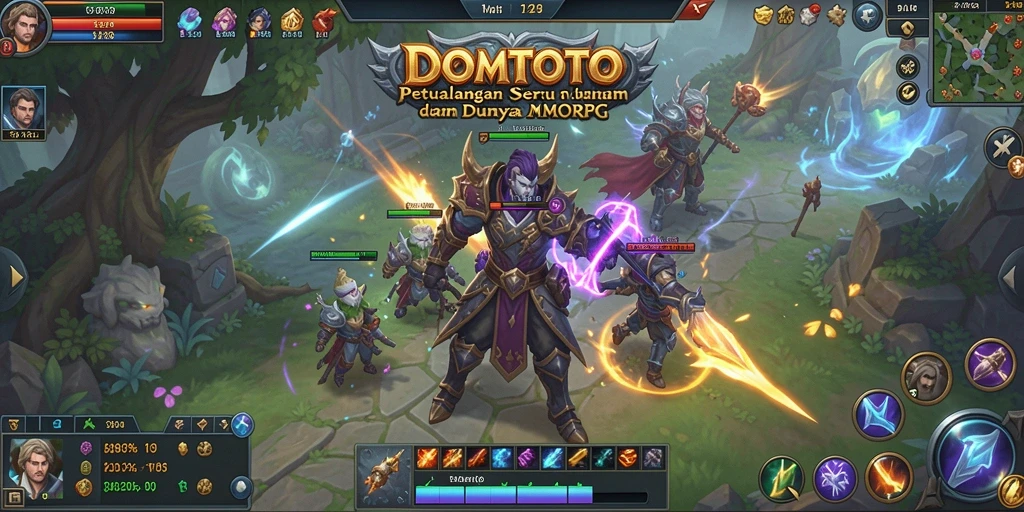 Screenshot gameplay DOMTOTO menampilkan pertempuran epik di dunia fantasi.