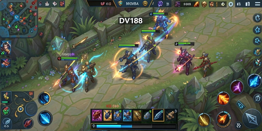 Tampilan gameplay seru DV188 dengan pertarungan karakter MOBA.