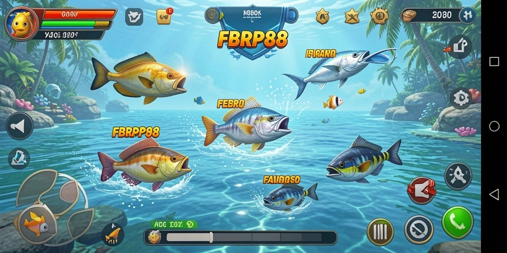 Tampilan gameplay FBRP88 dengan aksi menembak ikan yang seru.
