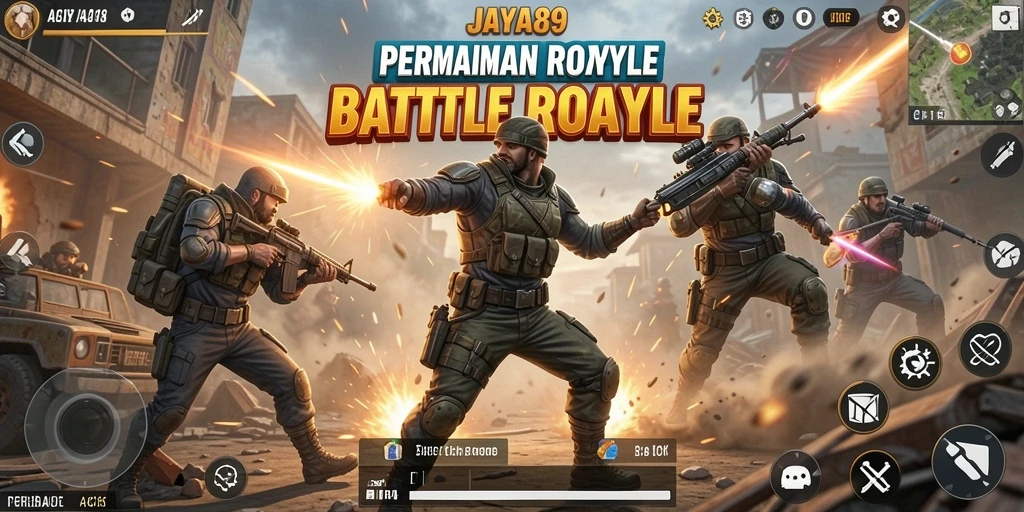 Tampilan gameplay intens di JAYA89 yang penuh aksi Battle Royale.