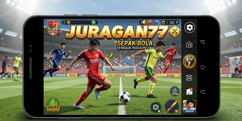 Tampilan gameplay menarik dari JURAGAN77 dengan aksi seru di lapangan sepak bola.