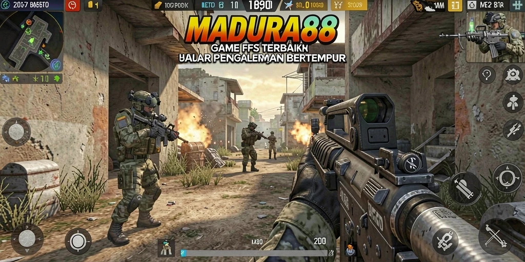Screenshot gameplay dari MADURA88 menunjukkan aksi FPS yang mendebarkan.