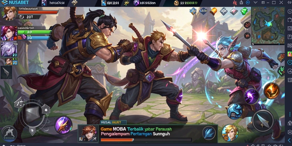 Tangkapan layar NUSABET menampilkan pertarungan seru antar tim di arena MOBA.