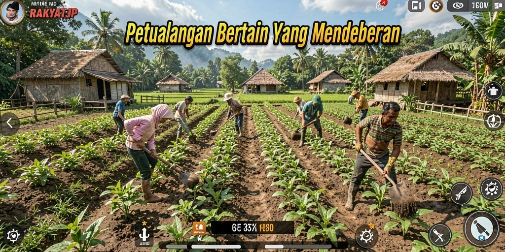 Tampilan gameplay RAKYATJP yang menampilkan keindahan ladang dan aktivitas bertani.