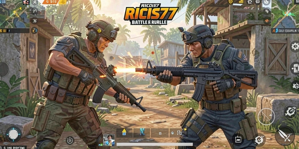 Screenshot strategi tempur intens di RICIS77, menampilkan aksi Battle Royale.
