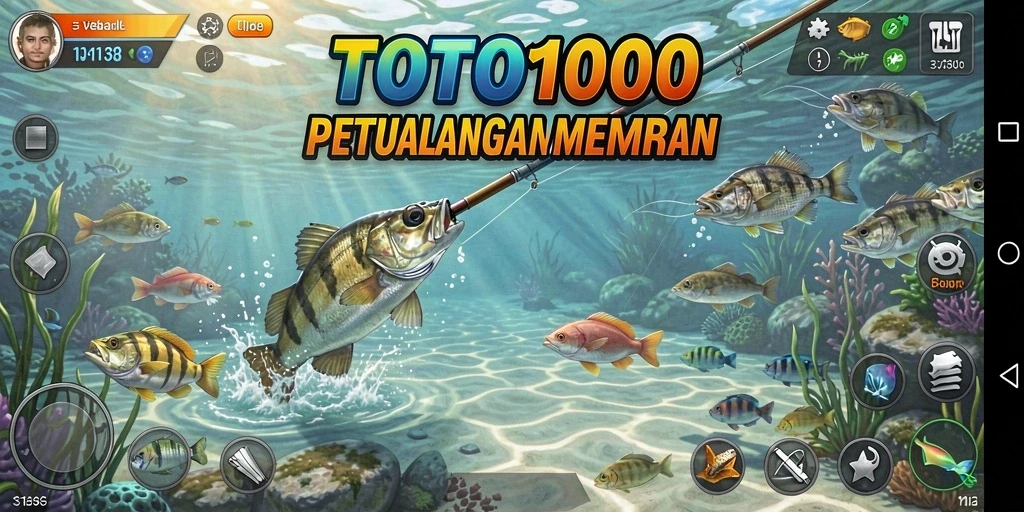 Screenshot gameplay TOTO1000 menampilkan petualangan memancing yang seru dan penuh warna.